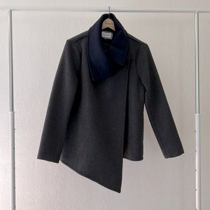 Eden Society Wool Blend Fall/Spring Asymmetric Gray Jacket oversized Navy Collar